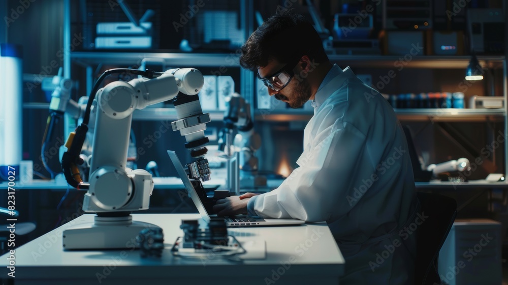 An over-the-shoulder photo of a robotics engineer working with a laptop computer and software operating a robotic arm. Robot hand holding a microchip. Automation Startup Research and Development An over-the-shoulder photo of a robotics engineer working with a laptop computer and software operating a robotic arm. Robot hand holding a microchip. Automation Startup Research and Development