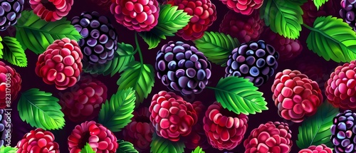 A vibrant illustration of ripe raspberries and blackberries with green leaves, showcasing a colorful and fresh fruit pattern.