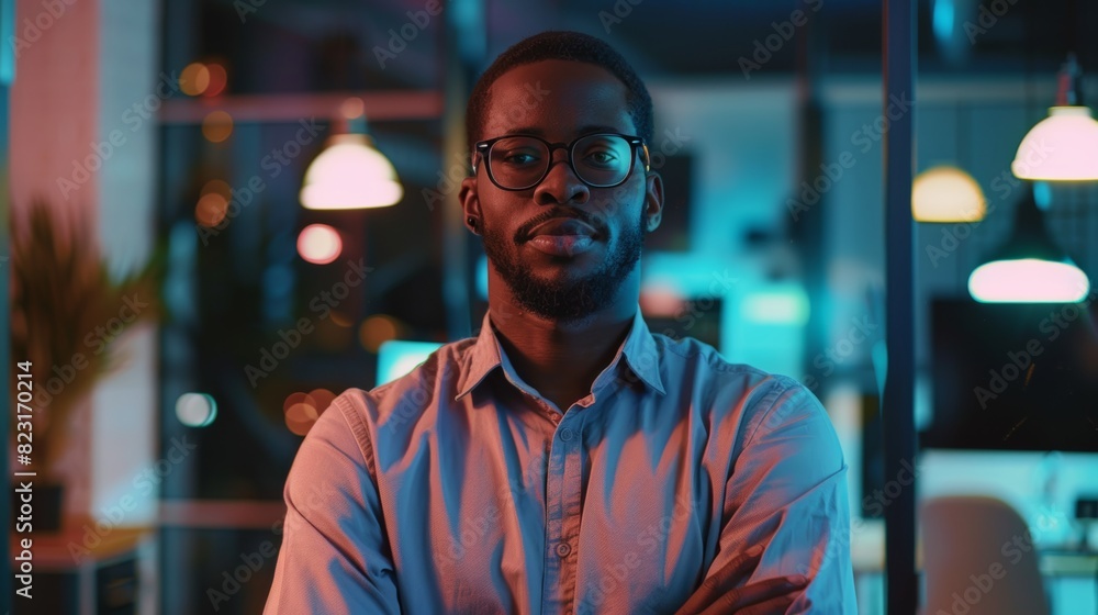 In an evening office environment, a handsome young black project manager makes a video call to a colleague by using a live camera. In an evening office environment, a handsome young black project manager makes a video call to a colleague by using a live camera.