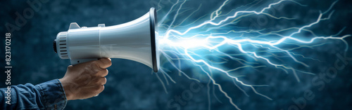 A man holding a megaphone with lightning bolts emanating from it against a blue background