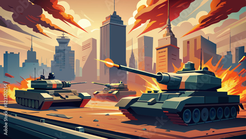 Group of main battle tanks with a city on fire on the background. Military or army special operation