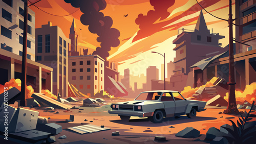 war torn city destroyed car burn out. war damage building destruction city war ruins city damage car.