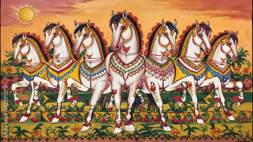 High resolution seven horses wall art poster for wall decoration, seven horses images illustration.