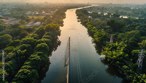 long straight river with dam and power line in Bangkok, Thailand, photo taken from above photo