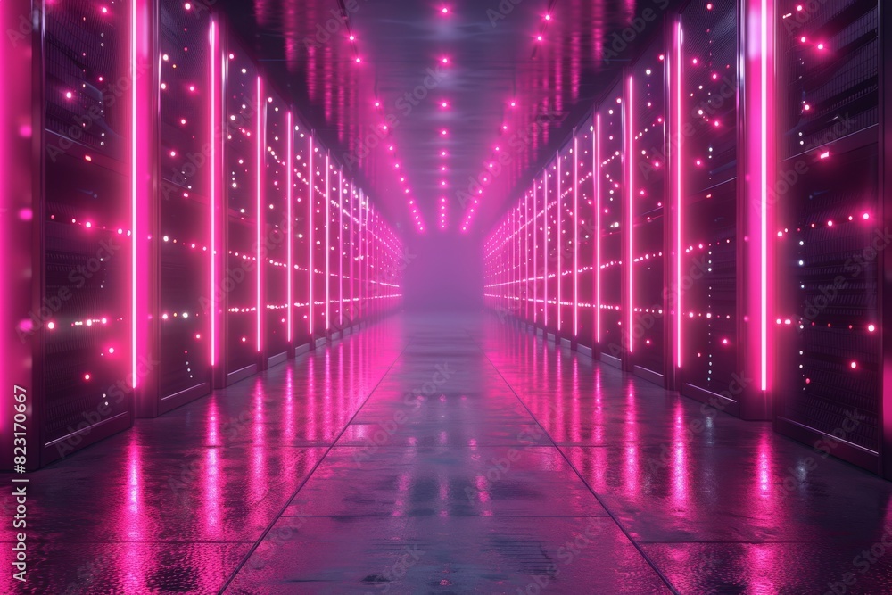Abstract technology background. Amidst the sleek digital architecture, these pink neon accents serve as playful elements, infusing the environment with a sense of joy and imagination.
