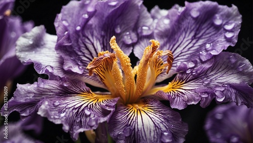 Close-Up of a Purple and Yellow Iris with Raindrops on Its Petals