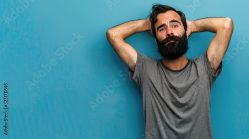 Young man with beard over isolated blue background frustrated by a bad situation © Ammar