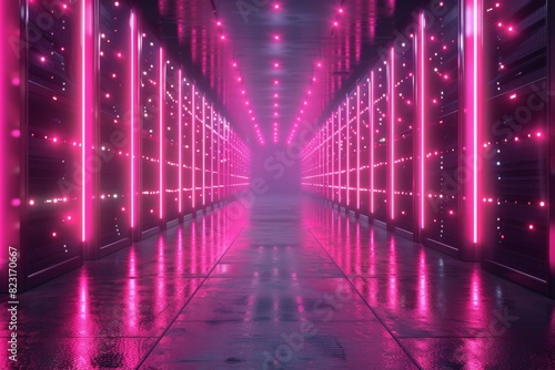 Abstract technology background. Amidst the sleek digital architecture  these pink neon accents serve as playful elements  infusing the environment with a sense of joy and imagination.