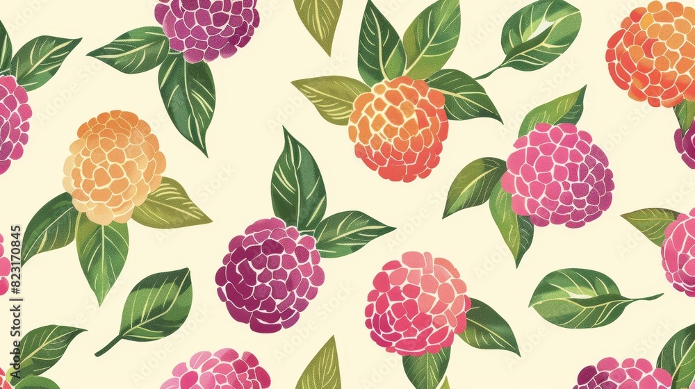 Colorful floral pattern with vibrant hydrangea blooms and green leaves on a light background. Perfect for fabric, wallpaper, or stationery design.