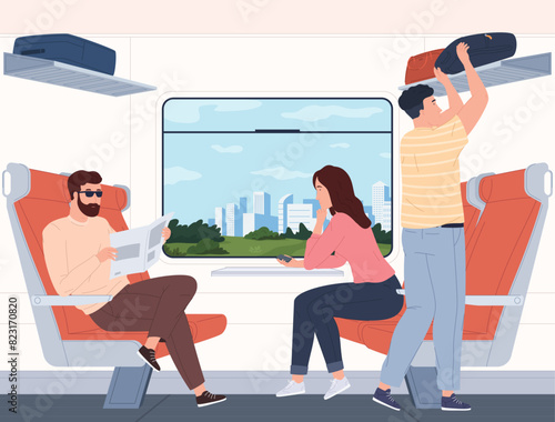 People take their seats in the train. The interior of a modern train car. Railway journey. Comfortable seats in the train. Vector illustration © Igor