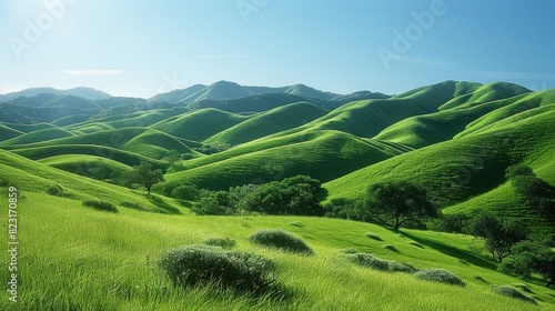 Rolling green hills with scattered shrubs and trees against a clear blue sky. Generative AI.