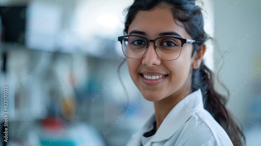 Fototapeta premium The photograph shows a close-up of a young Indian female specialist wearing a labcoat and sunglasses smiling. This young Indian woman is a professional and successful graduate student, an engineer,