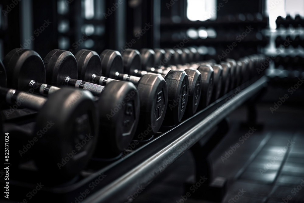 Row Of Black Dumbbells In The Gym - Generative AI Row Of Black Dumbbells In The Gym - Generative AI