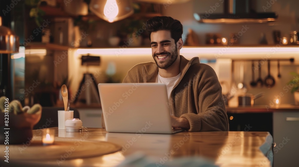At night, a handsome, authentic Latin man sits at the table in a cozy kitchen while typing on a laptop computer. A male adult is smiling and browsing social media, checking the news, and shopping At night, a handsome, authentic Latin man sits at the table in a cozy kitchen while typing on a laptop computer. A male adult is smiling and browsing social media, checking the news, and shopping