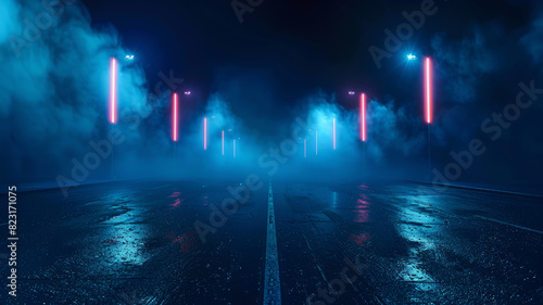 Neon Night Road  Illuminated Path in the Fog