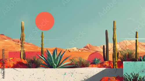 cactus plants and sunset in mexico desert, art collage style poster, retro, vintage, old fashioned, bright colors