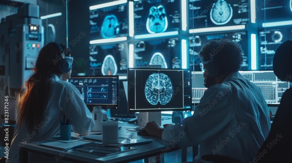 A multi-ethnic man and woman working on solutions for brain tumors while working with a computer-powered virtual hologram of a human brain. A multi-ethnic man and woman working on solutions for brain tumors while working with a computer-powered virtual hologram of a human brain.