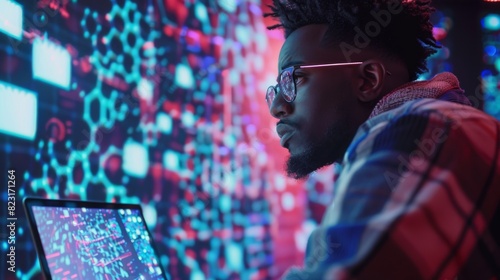 Typical picture of a young, black male working at a laptop computer, looking at a big digital screen that displays 3D neural network visualizations. A professional data analyst analyzes a user's photo