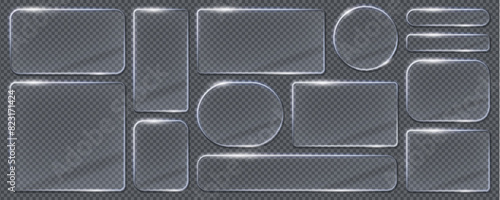 Glass light frames and borders. Realistic 3 vector transparent glass or plastic plaques in shape of rectangle, square, circle and elongated oval. Isolated set of glowing, glossy screens or billboards © Buch&Bee