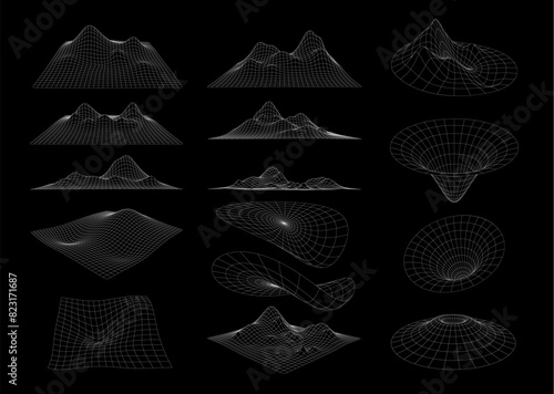 Futuristic wireframe mesh grid. 3d vector geometric shapes, futuristic and technical visualization of landscapes and funnels. Abstract cyberpunk, space, technological, virtual reality linear graphics
