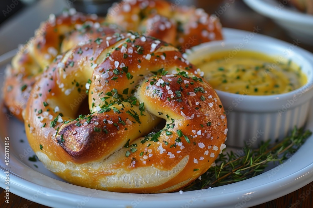 Pretzel - Soft, golden-brown pretzel with coarse salt, served with mustard dip. Pretzel - Soft, golden-brown pretzel with coarse salt, served with mustard dip.