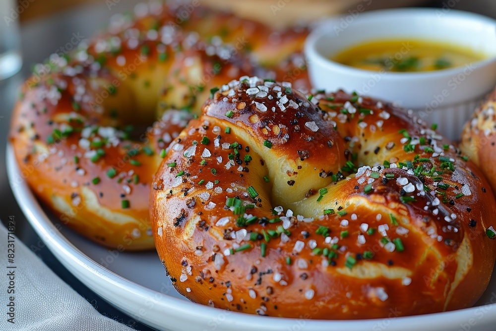Pretzel - Soft, golden-brown pretzel with coarse salt, served with mustard dip. Pretzel - Soft, golden-brown pretzel with coarse salt, served with mustard dip.