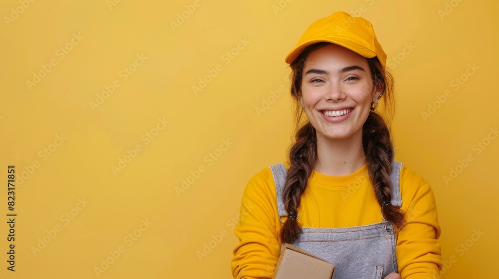 Smiling Female Courier with Large Package on Yellow Background - Delivery Service Concept Smiling Female Courier with Large Package on Yellow Background - Delivery Service Concept