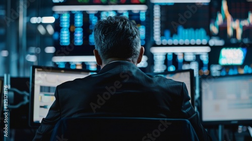 Shot of a middle-aged man working on the floor in a modern stock exchange firm specializing in monitoring companies and funds, securities, derivatives, investment products, and bonds.