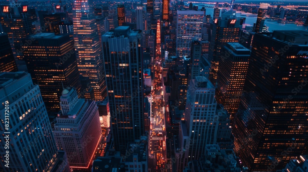 Obraz premium Aerial view of Wall Street's Financial District at night. Lit skyscrapers and office buildings on an evening in New York City, USA.