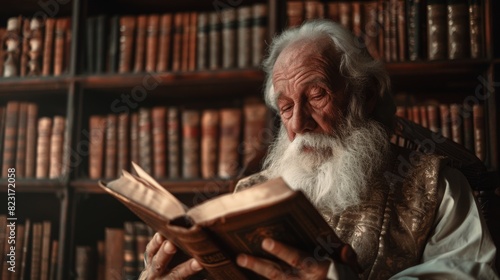 An old historical figure reading a book and smiling at the camera. A Renaissance librarian keeping treasures of knowledge and history safe. photo