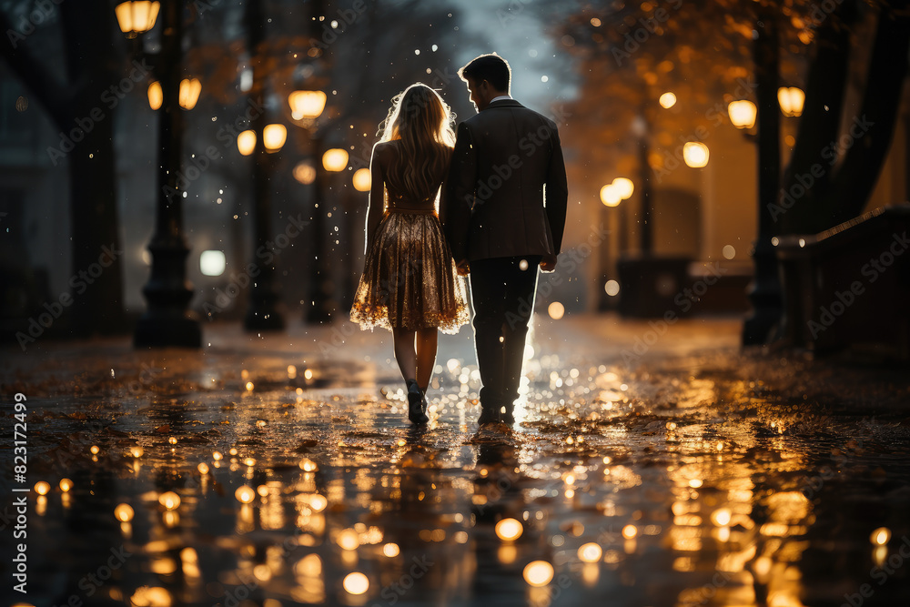 Romantic Couple's Rainy Evening Stroll Through City Lights