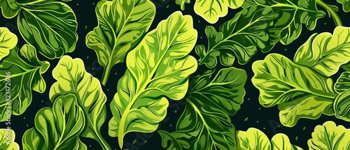 Seamless pattern of vibrant green lettuce leaves on a dark background, perfect for wallpaper, textile, and various design projects.