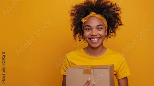 Smiling Female Courier Delivering Package Against Vibrant Yellow Background with Copy Space.