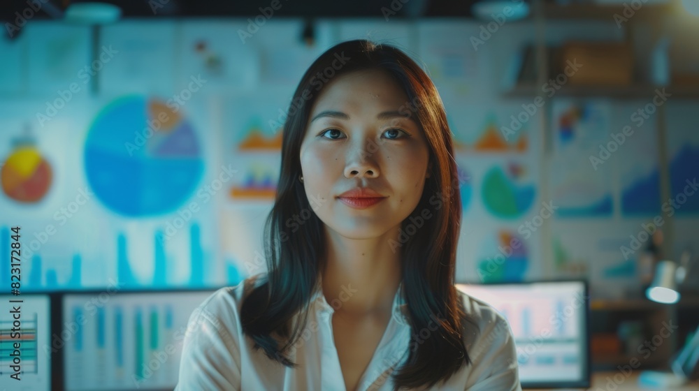 Beautiful Asian Project Manager Showing Financial Goals with Television While Analyzing Data, Using eCommerce Infographics in Office Meeting Beautiful Asian Project Manager Showing Financial Goals with Television While Analyzing Data, Using eCommerce Infographics in Office Meeting