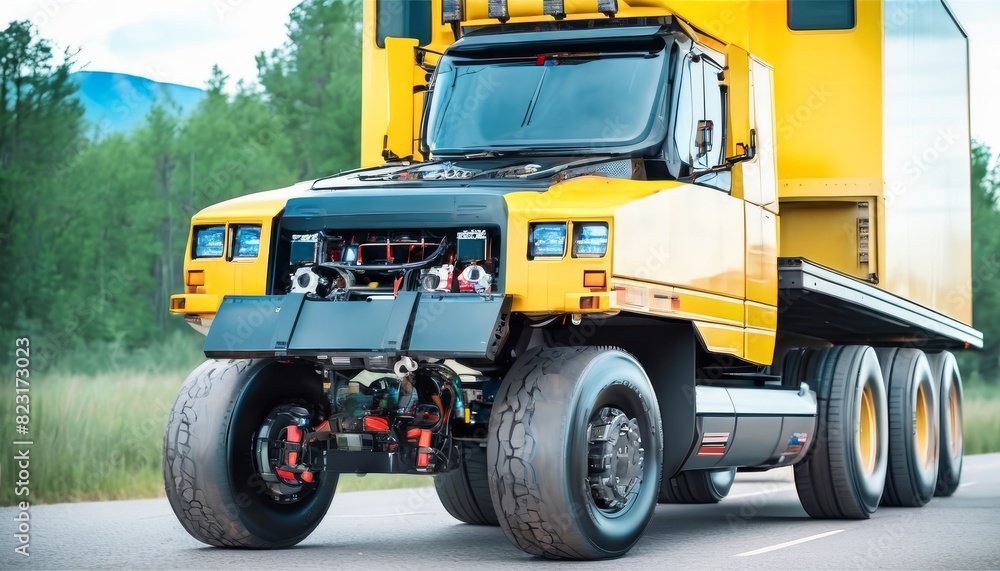 A powerful industrial transport truck in bright yellow, showcasing its intricate engine and suspension components while on a rural road.. AI Generation A powerful industrial transport truck in bright yellow, showcasing its intricate engine and suspension components while on a rural road.. AI Generation