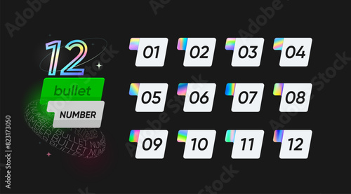 Number bullet points. Vector set of numbered buttons or tags from one to twelve, each with modern gradient design, used to present information in clear, organized manner for presentations or summaries