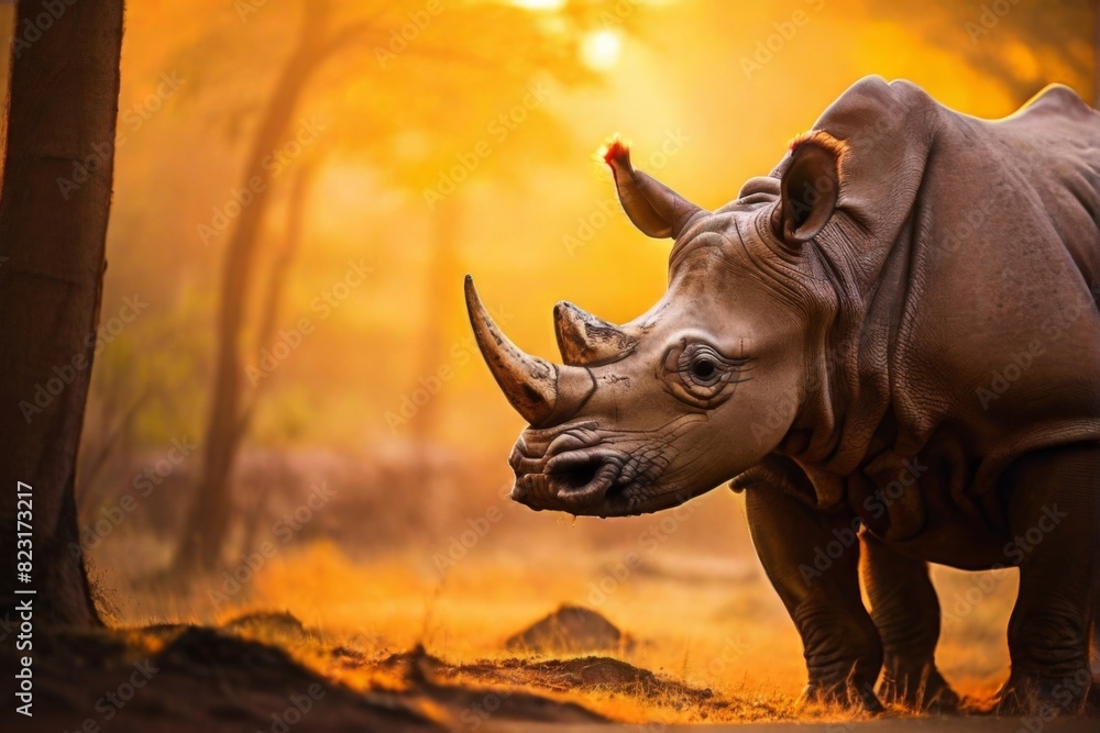 Fototapeta premium Rhinoceros, Professional wild life photography, in forest, sunset bokeh blur background, animals & birds, cinematic, wallpaper