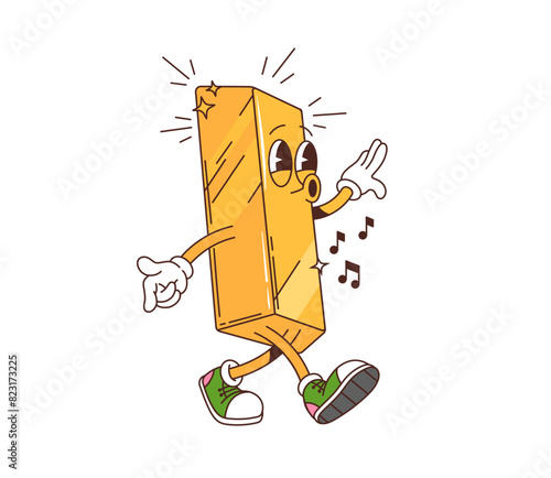 Retro groovy golden bar character with expressive eyes, singing joyfully and dances with musical notes floating around. Isolated vector gold personage enjoying music, hippie culture, and nostalgic fun
