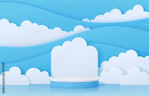 Podium with paper cut clouds. Round blue and white stage. 3d vector realistic platform or pedestal mockup for products displaying. Cloudy studio sky showcase background for cosmetics presentation