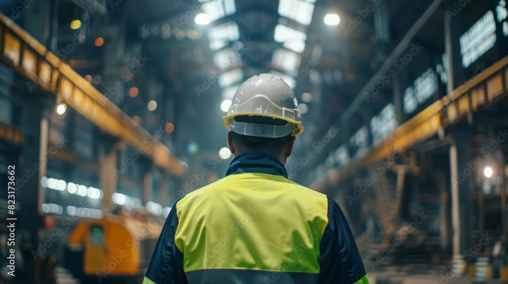 custom made wallpaper toronto digitalEngineer wearing hard hat and safety jacket in large manufacturing facility.