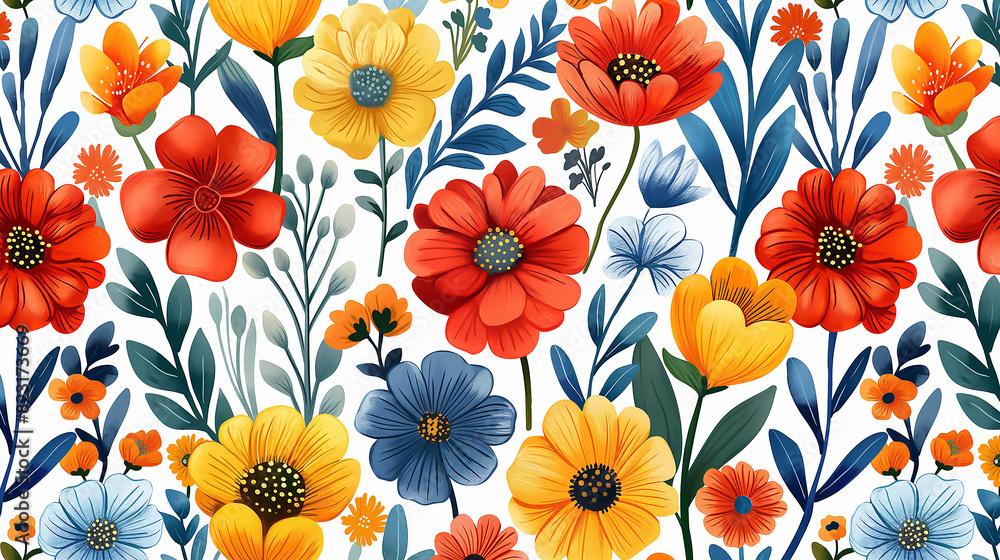 Repeating floral pattern with red poppies all over, beautiful detailed colorful flowers seamless pattern, scandinavian art Repeating floral pattern with red poppies all over, beautiful detailed colorful flowers seamless pattern, scandinavian art