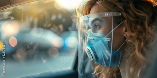 Driver in respirator due to foul odor from faulty car air conditioning. Concept Car Troubles, Safety Precautions, Unpleasant Odor photo