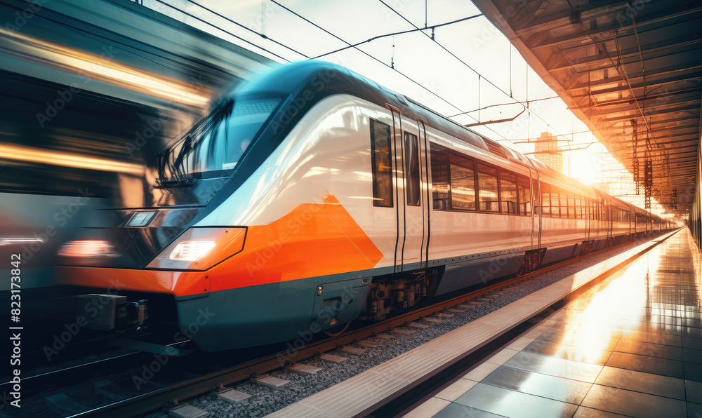 Fototapeta premium Modern Commuter Train Speeding at Sunset