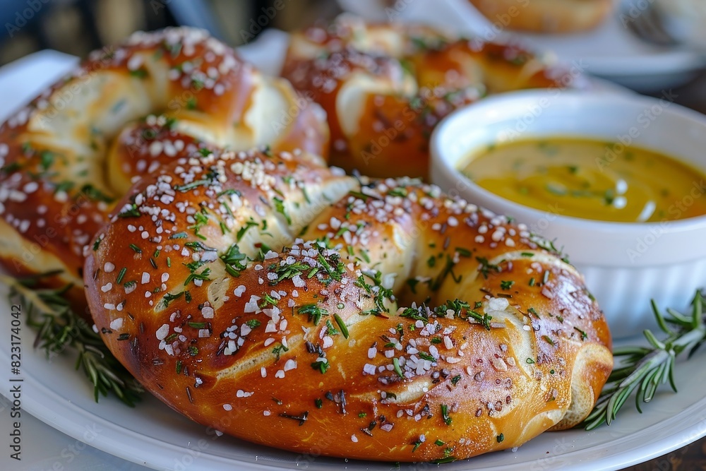 Pretzel - Soft, golden-brown pretzel with coarse salt, served with mustard dip. 
