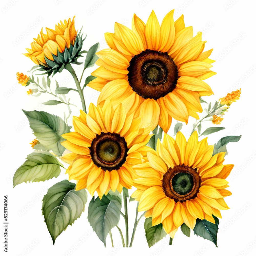 Fototapeta premium postcard watercolor sunflowers wedding floral ,Watercolor hand painted background