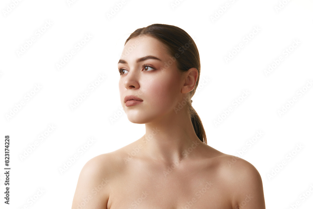Portrait of young brunette girl with neutral make up calmly looking away against white studio background. Copy space. Concept of natural beauty, antiaging treatment, wellness, youth. Ad Portrait of young brunette girl with neutral make up calmly looking away against white studio background. Copy space. Concept of natural beauty, antiaging treatment, wellness, youth. Ad