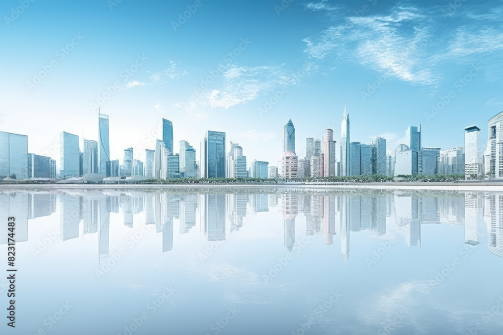 Fototapeta premium Serene Cityscape Reflection on Water
