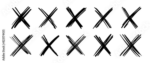 X scribble marks of cross in hand drawn sketch or marker doodle and ink brush stroke, vector icons. X scribble marks of ink pen sketch line for false check box vote, No sign and con or cancel symbol photo