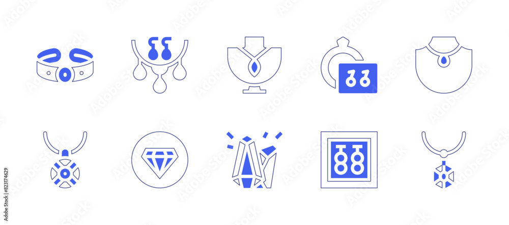 Jewelry icon set. Duotone style line stroke and bold. Vector illustration. Containing jewelry store, jewelry, diamond, gems, necklace, earrings, bracelet.