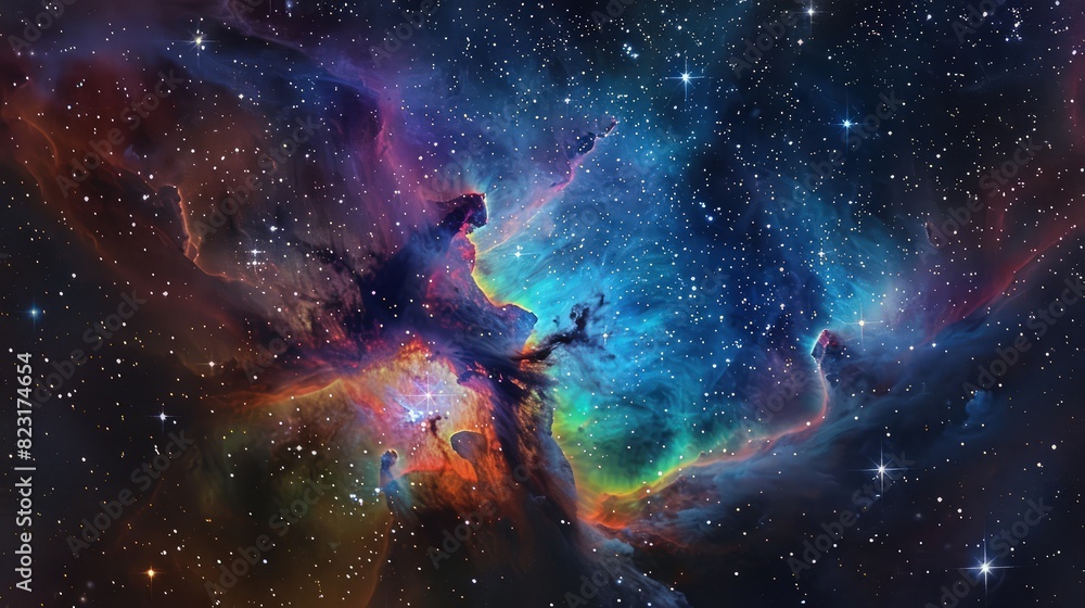 A captivating nebula cloud filled with a kaleidoscope of colors, set against a glittering star-studded night sky in a distant galaxy.